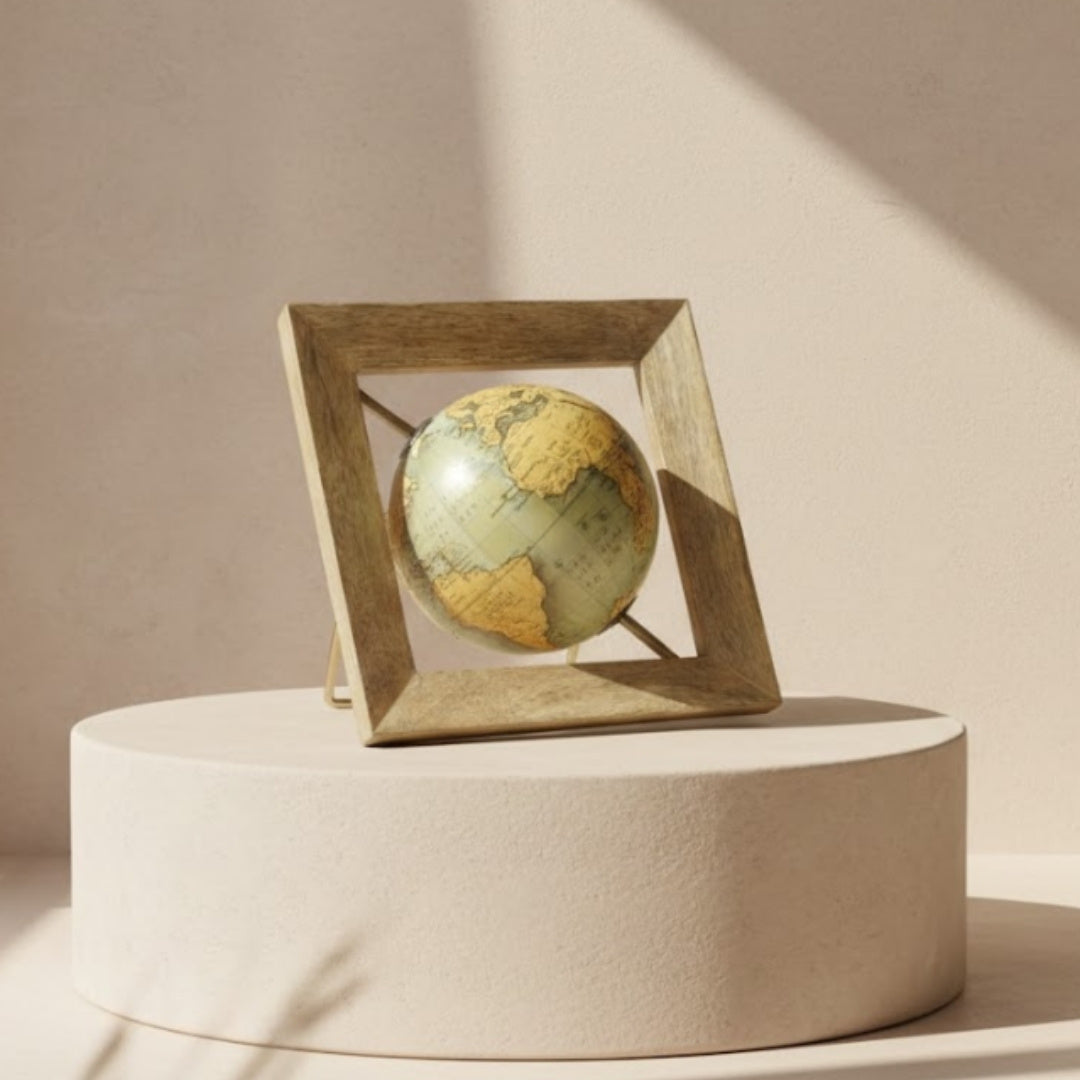 Globo decorativo GLB-40 em moldura de madeira com possibilidade de personalização por gravação, mapa azul e amarelo, diâmetro 15 cm