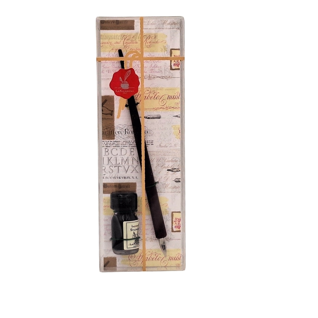 Conjunto Elegante para Caligrafia com Pena de Madeira e Tinta Preta, possibilidade de personalização por gravação, ideal para presente para amantes da arte da escrita, em embalagem decorativa 7,5 x 22 x 3 cm