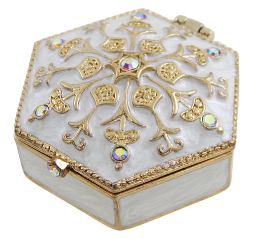 Caixa de presente elegante em metal com cristais B0035-08WH, branco e dourado, possibilidade de personalização por gravação, ideal para joias e pequenos objetos, 5x5x2 cm