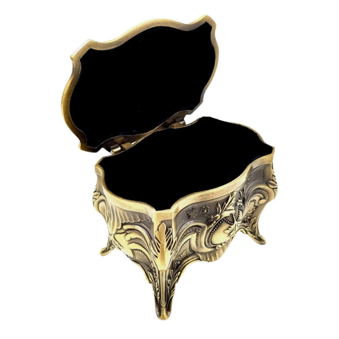 Caixa Metálica Dourada para Joias Retro com Possibilidade de Personalização por Gravação - Elegante e Ricamente Decorada, Ideal para Presente - Dimensões: 10,8 x 7,7 x 9,2 cm, Maciça e Imponente, Excelente para Guardar Objetos Valiosos
