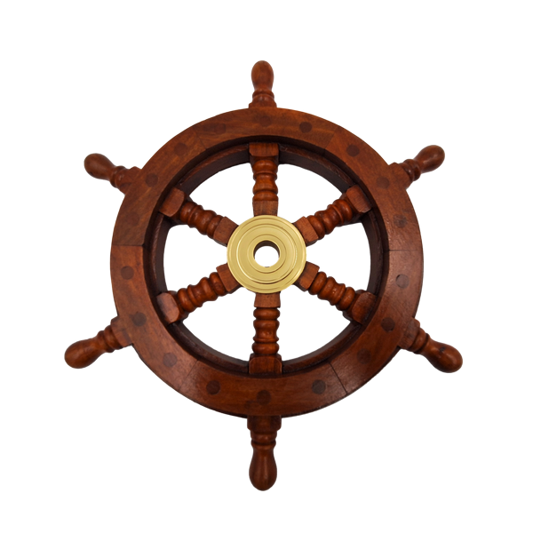 Roda de Leme de Madeira com Inserto de Latão e Espaço para Cunha - Diâmetro 30 cm - Presente Ideal com Possibilidade de Personalização com Gravação - Estilo Náutico e Retro