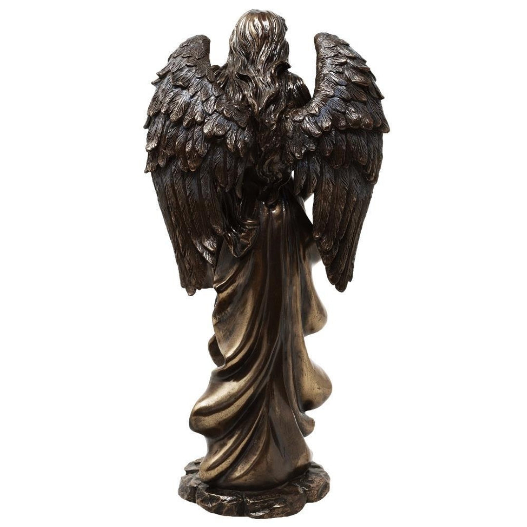 Figura Fortuna Deusa da Sorte e Riqueza 29 cm com Cornucópia - Gravação Personalizada para Presente, Decoração Elegante em Conglomerado de Resina em Tons de Castanho e Cobre