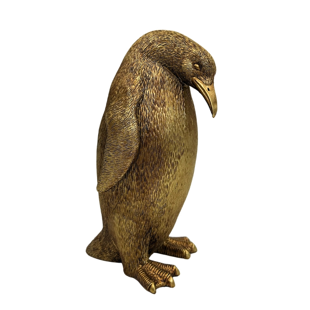 Pinguim Dourado 20,5 cm com possibilidade de personalização por gravação – figura decorativa elegante para presente, estilo glamour, art déco, feita de polyresina de alta qualidade