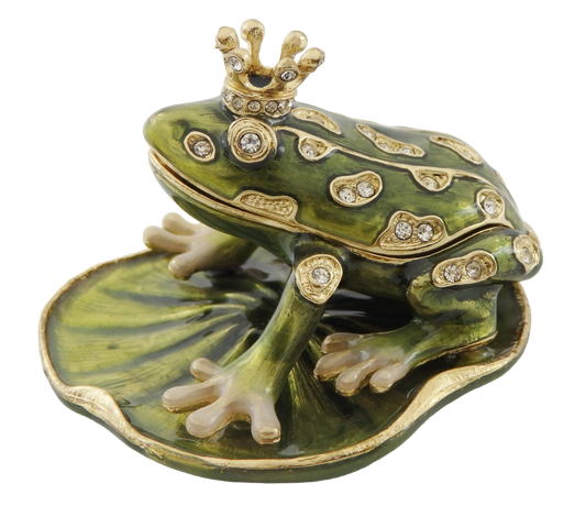 Caixa de presente exclusiva em metal em forma de rã com cristais, verde escuro e dourado, possibilidade de personalização por gravação, ideal para presente, dimensões 6,5x6,7x4,5 cm