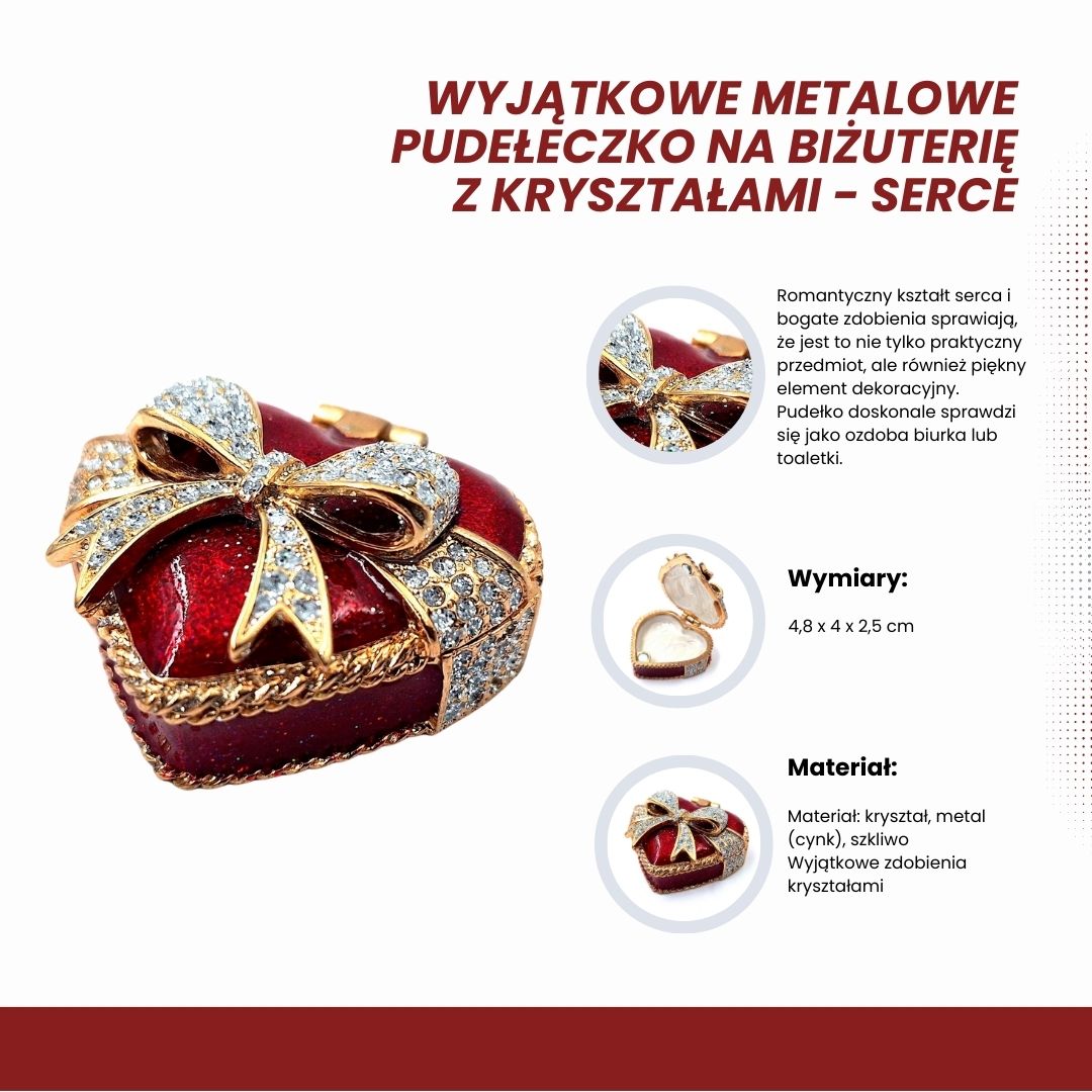 Caixa de metal para joias em forma de coração com cristais, vermelho, dourado e prateado, possibilidade de personalização por gravação, ideal para presente romântico, dimensões 4,8 x 4 x 2,5 cm