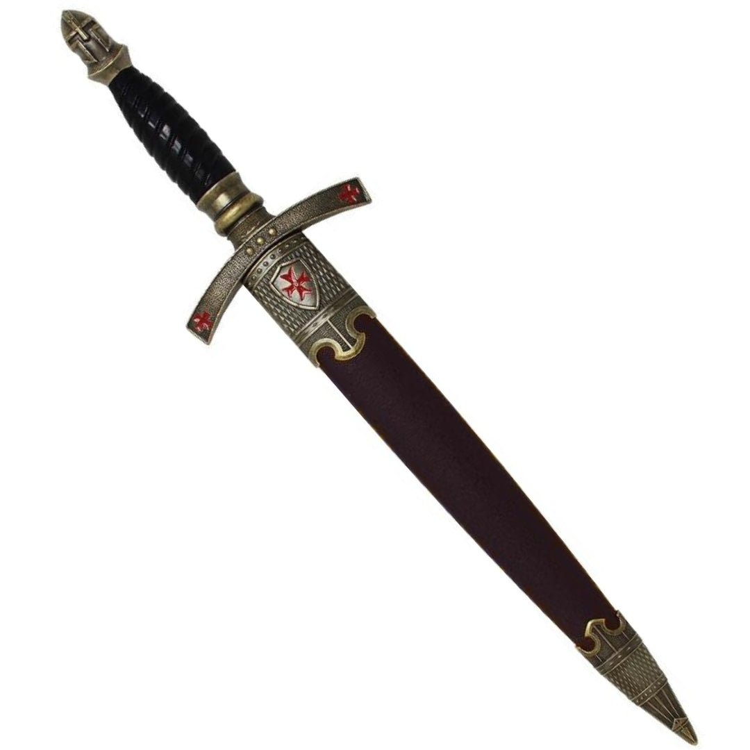 Adaga dos Templários em Bainha Decorativa com Gravação – Réplica em Aço Inoxidável, 40 cm