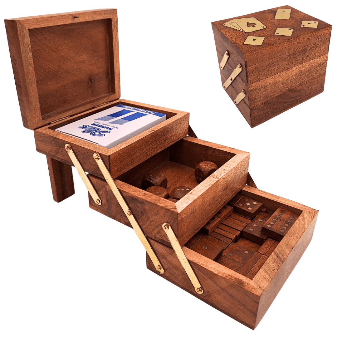 Conjunto Elegante de Jogos 3 em 1 com Gravação Personalizada - Cartas, Dados, Dominó em Caixa de Madeira com Decorações em Latão - Presente Ideal para Amantes de Jogos - Dimensões 12 x 9,5 x 10,5 cm