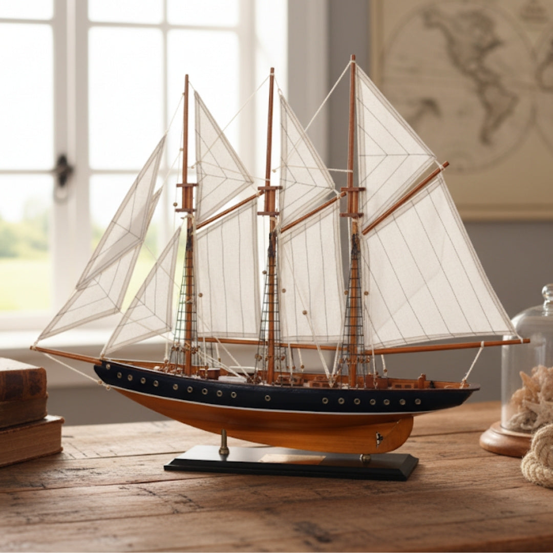 Modelo de escuna Atlantic 72 cm - Réplica do navio lendário com possibilidade de personalização por gravação - Presente ideal para amantes da vela - Feito em madeira com velas de tecido