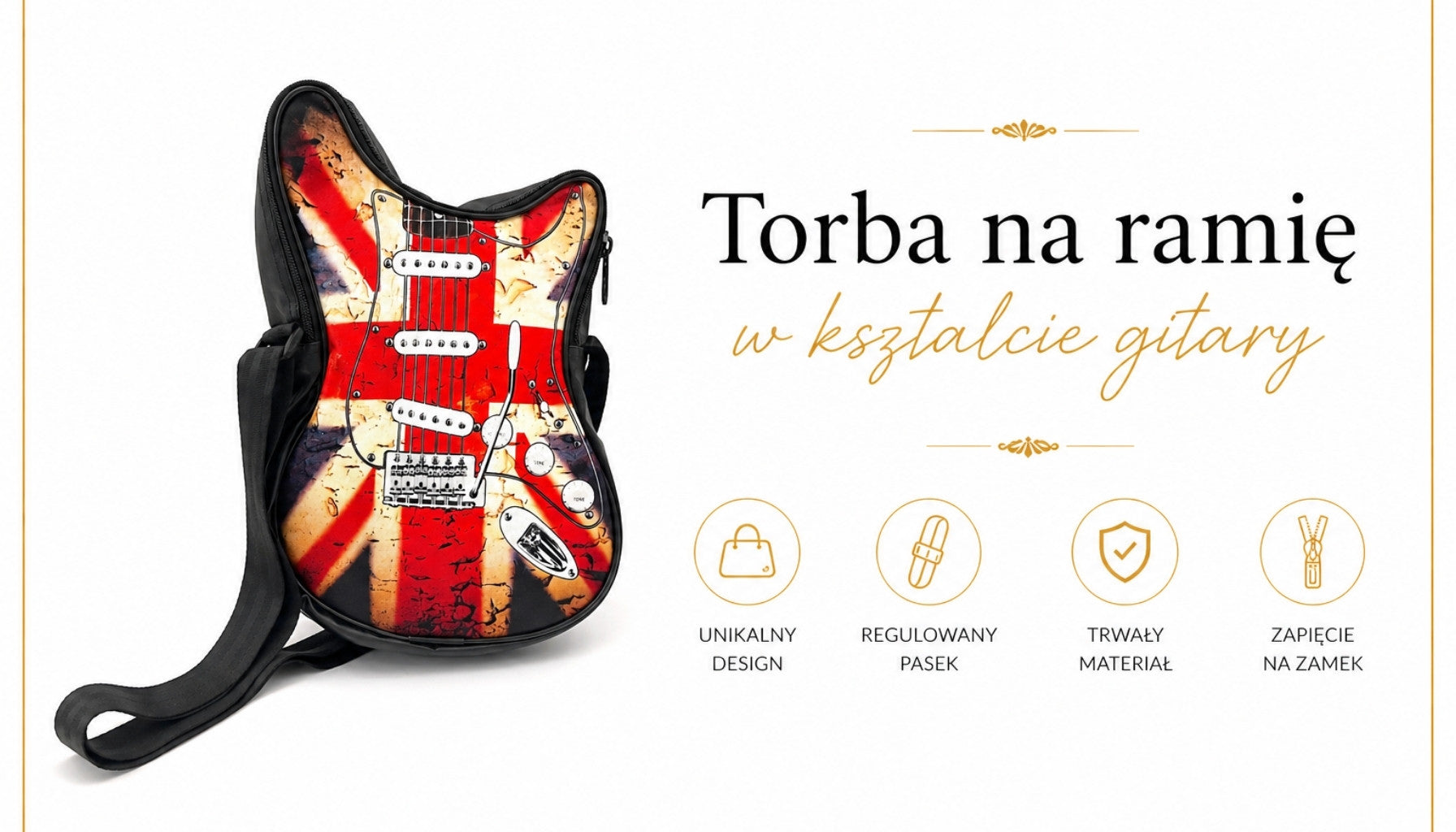 Mala de ombro em forma de guitarra com bandeira britânica RBG-008 com possibilidade de personalização por gravação