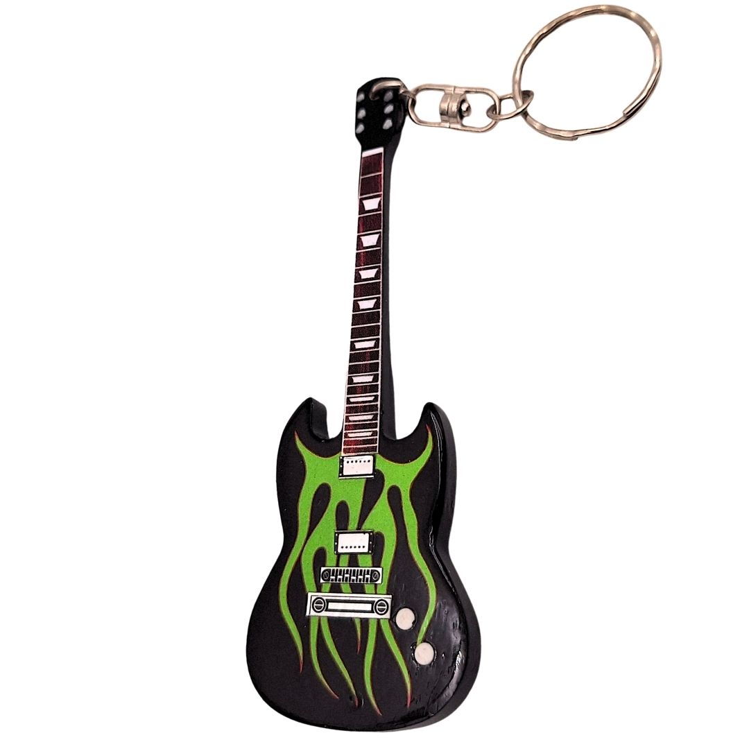 Drewniany Brelok Gitara Metallica Grynch z Możliwością Personalizacji Grawerem - Idealny Prezent dla Fanów Jamesa Hetfielda, Wykonany z Mahoniu, Kolory: Czarny, Zielony, Brązowy, Wymiary 6 x 10 x 0,5 cm