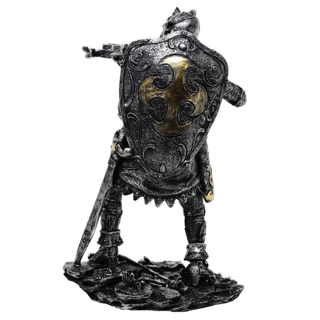 Figura de Cavaleiro Medieval com Besta 20cm com Possibilidade de Personalização por Gravação - Decoração Prateado-Dourada para Presente para Amantes de História e Fantasia - Pintada à Mão em Poliresina