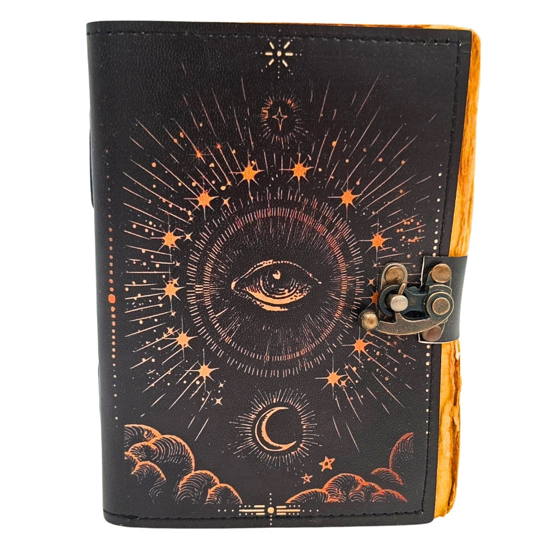 Caderno Olho Cósmico com Gravação - Caderno de Couro Retro com 200 Páginas de Papel Amarelo de Couro de Cabra