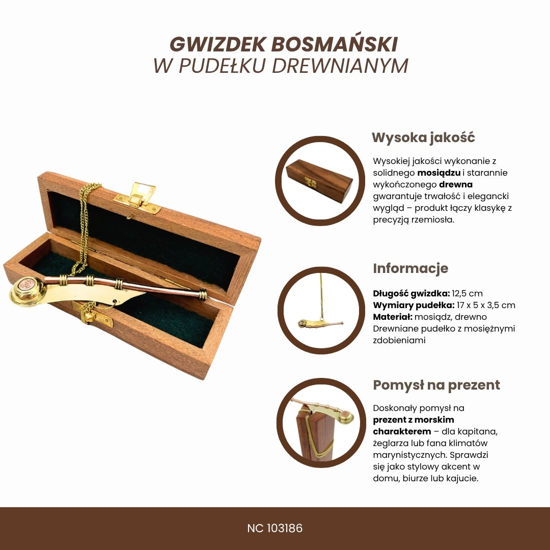 Apito de Bosman com Gravação em Caixa de Madeira Elegante – Latão, 12,5 cm