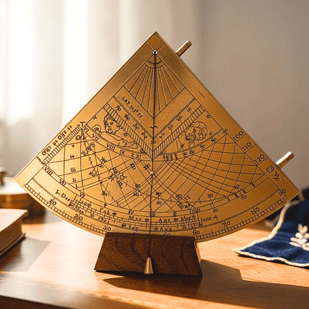 Quadrante Solar de Latão Gunter H39 com base de madeira, possibilidade de personalização por gravação, presente ideal para amantes da astronomia, altura 17 cm, embalagem elegante para presente