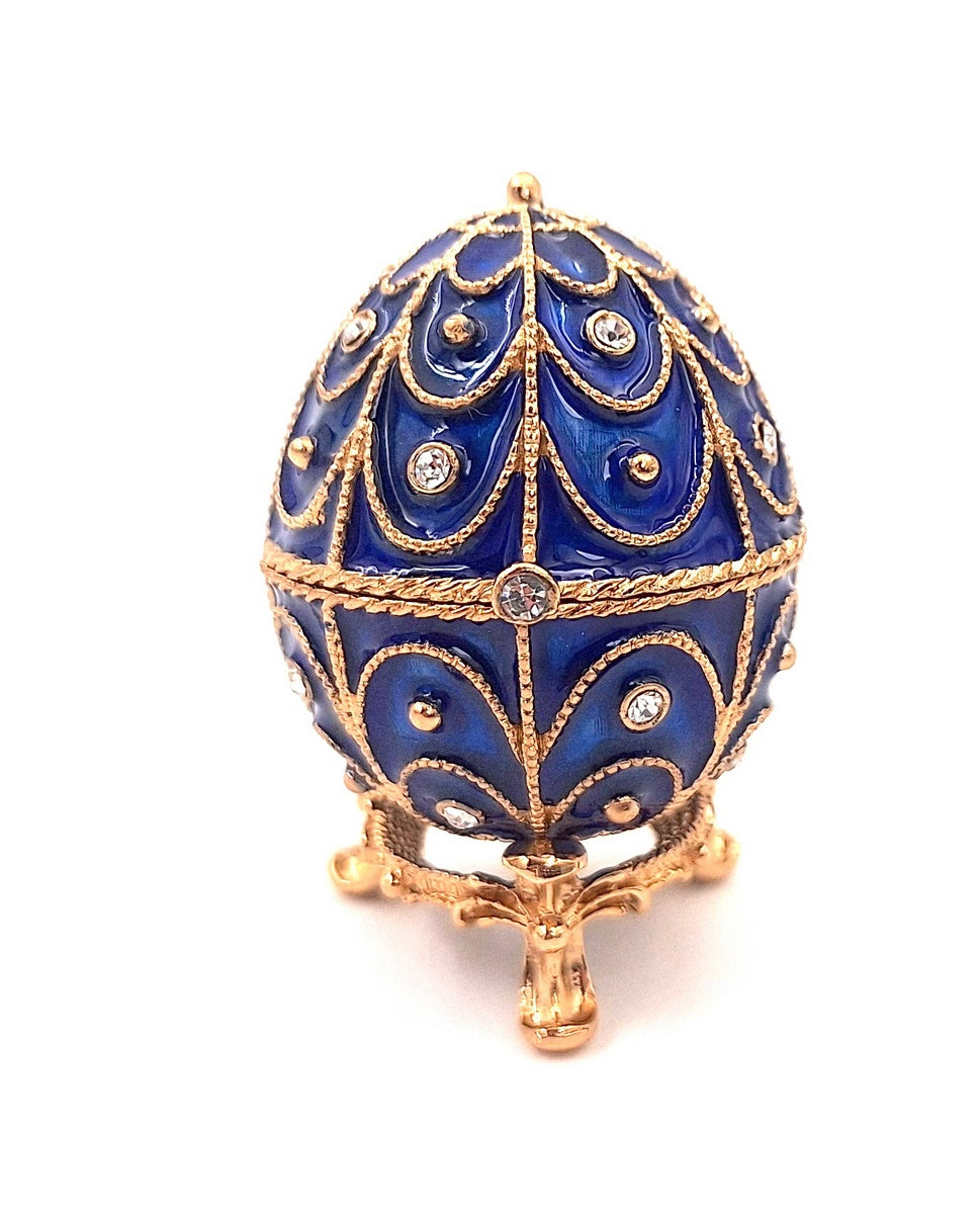 Caixa de metal exclusiva com cristais em forma de ovo Fabergé, azul-marinho e dourado, 5,5x6,5 cm com possibilidade de personalização por gravação