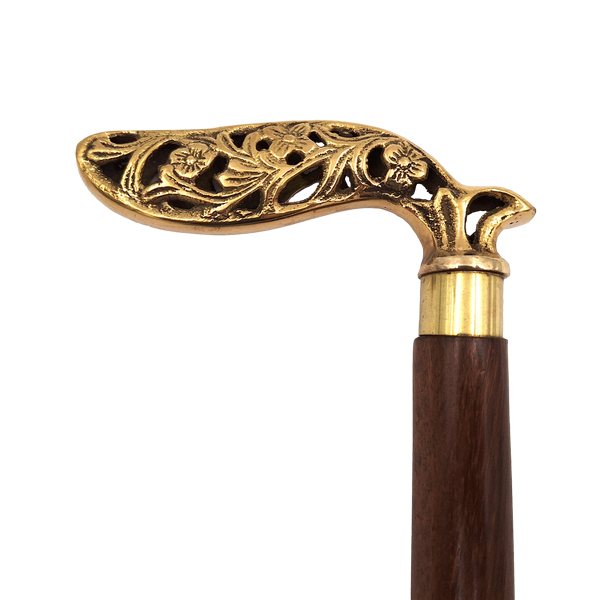 Bengala dobrável elegante em madeira com cabo ricamente decorado em castanho e dourado com possibilidade de personalização por gravação