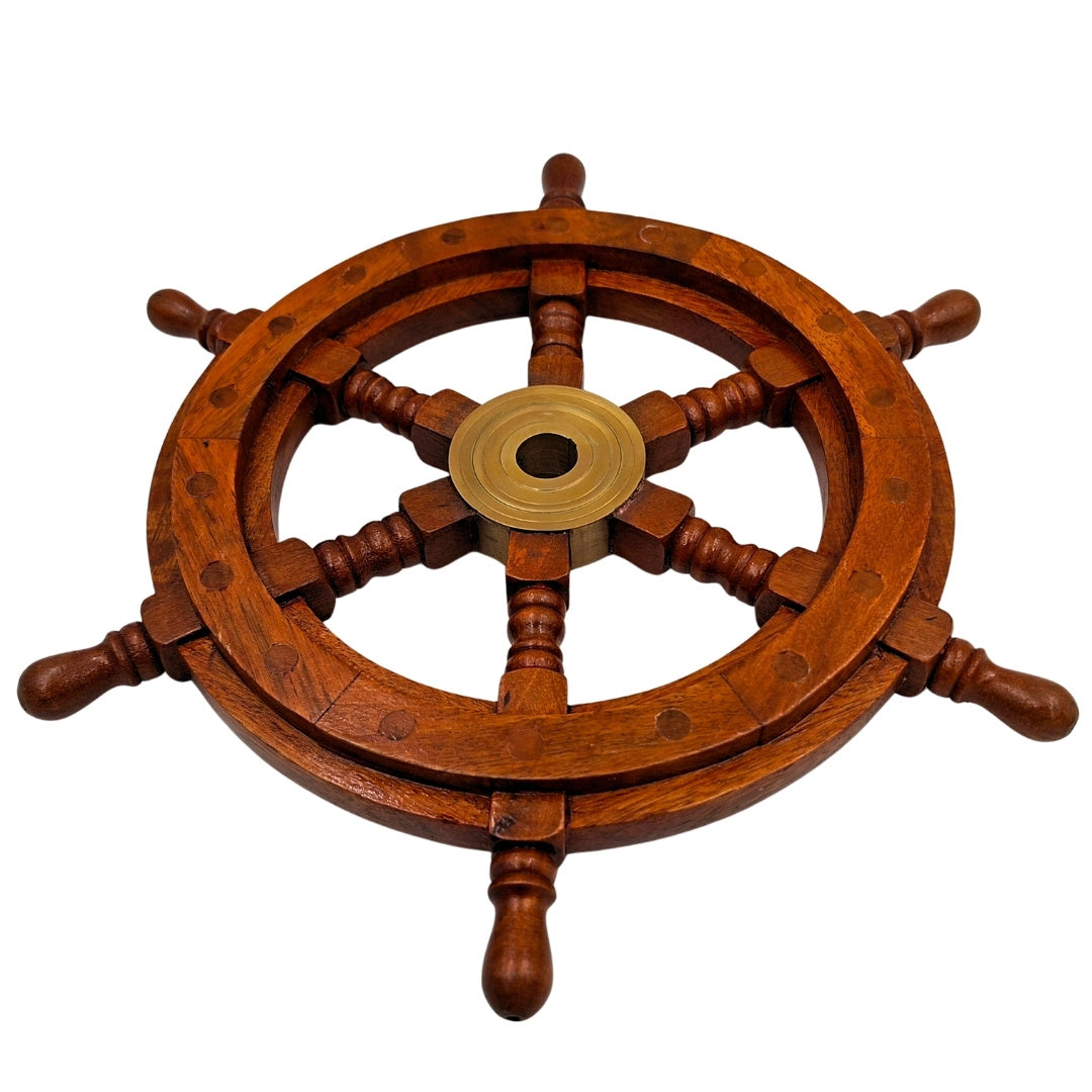 Roda de Leme de Madeira com Inserto de Latão e Espaço para Cunha - Diâmetro 30 cm - Presente Ideal com Possibilidade de Personalização com Gravação - Estilo Náutico e Retro