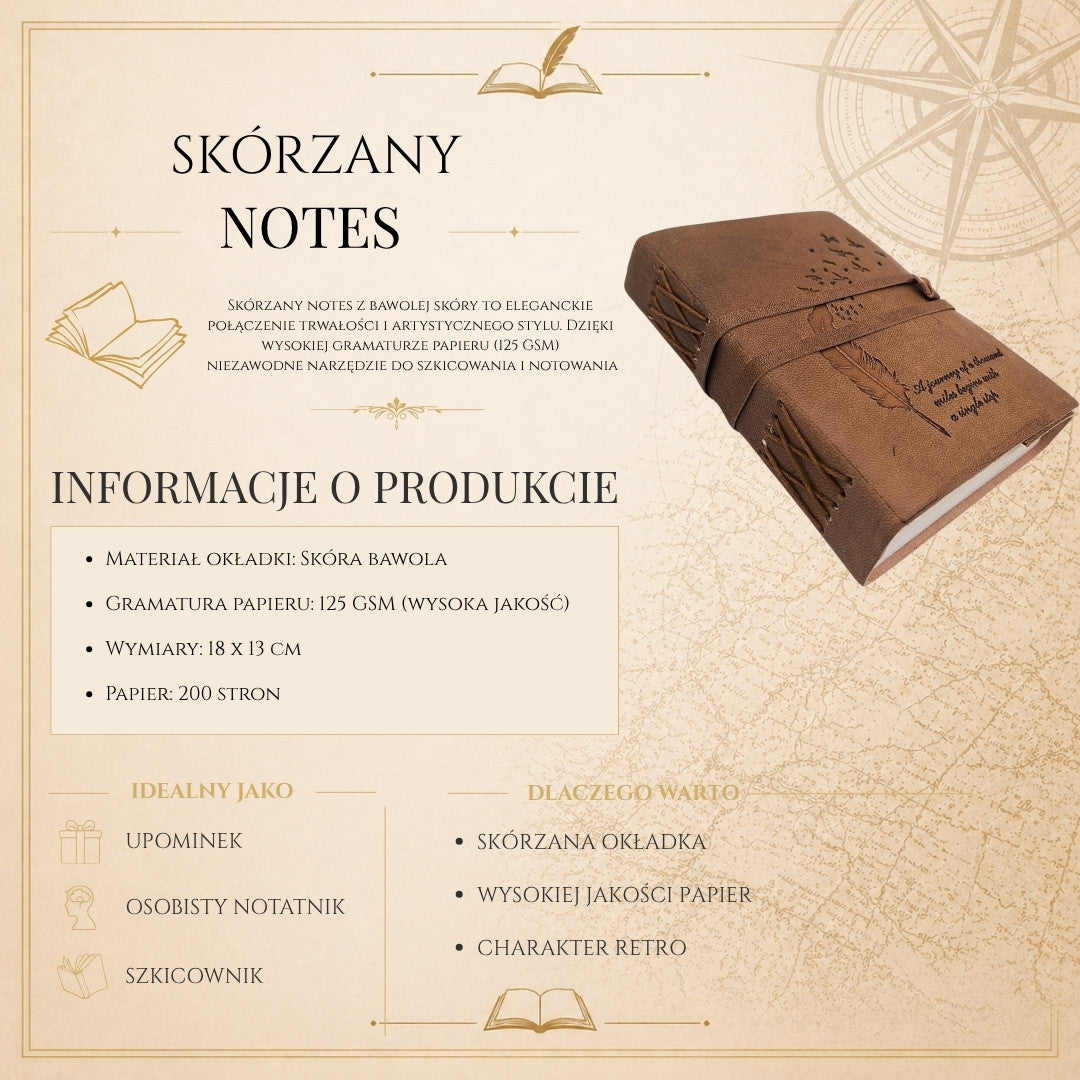 Caderno de pele retro com inscrição 200 páginas