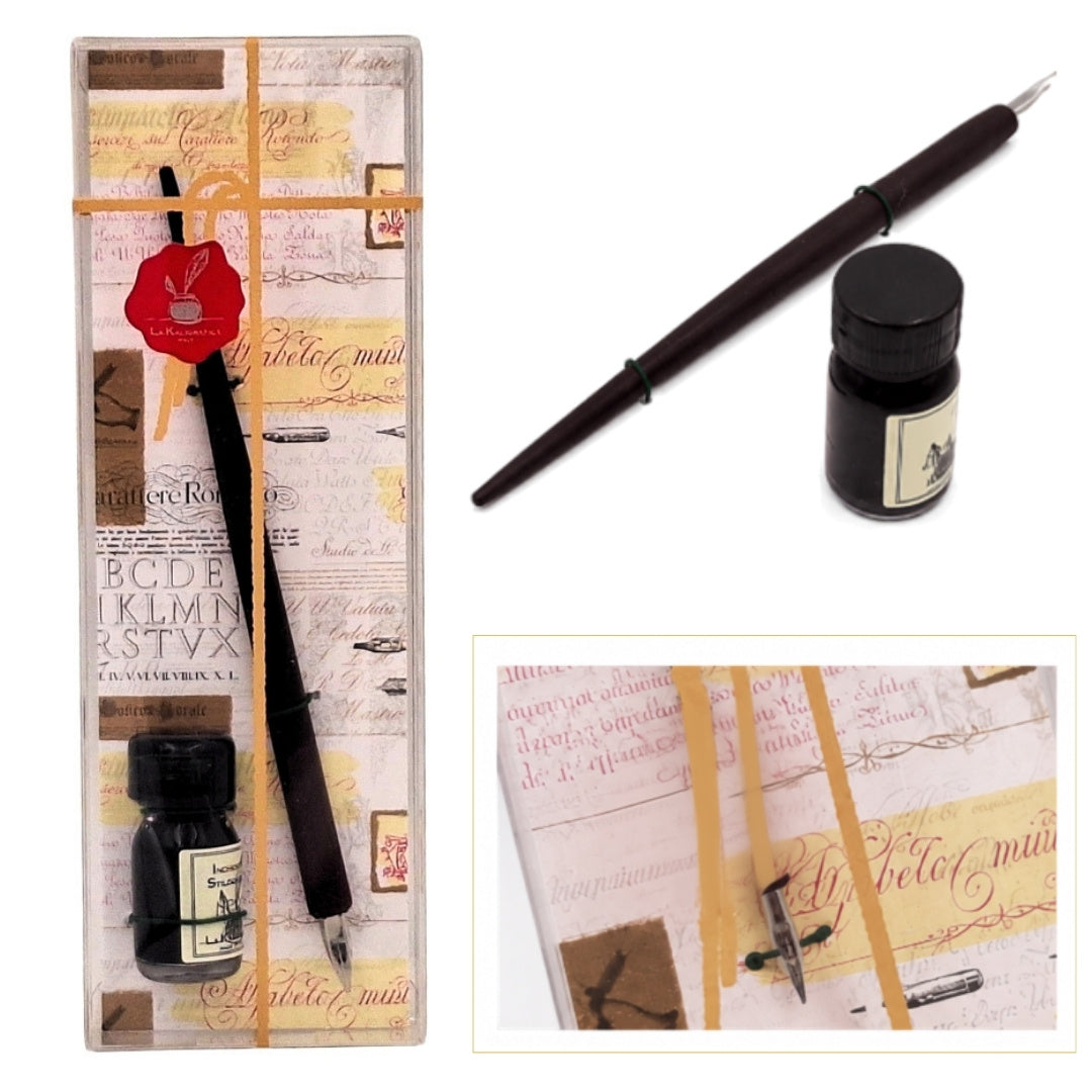 Conjunto Elegante para Caligrafia com Pena de Madeira e Tinta Preta, possibilidade de personalização por gravação, ideal para presente para amantes da arte da escrita, em embalagem decorativa 7,5 x 22 x 3 cm