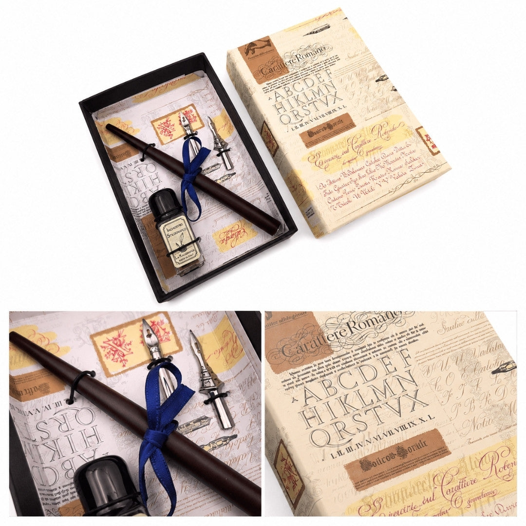 Conjunto de caligrafia com gravação personalizada - caneta italiana com duas penas e tinteiro, ideal para presente - embalagem elegante 12,5x8,5x3cm