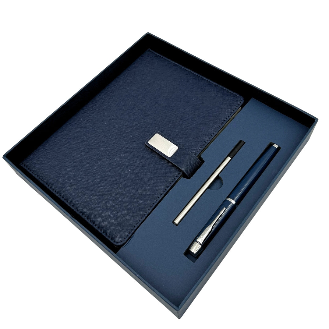 Caderno de Pele Azul Escuro Elegante A5 com Caneta e Gravação Personalizada em Caixa de Presente