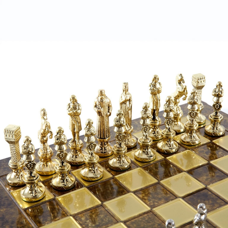Xadrez metálico exclusivo Renascimento S9BRGS 36x36 cm dourado-prateado com possibilidade de personalização por gravação