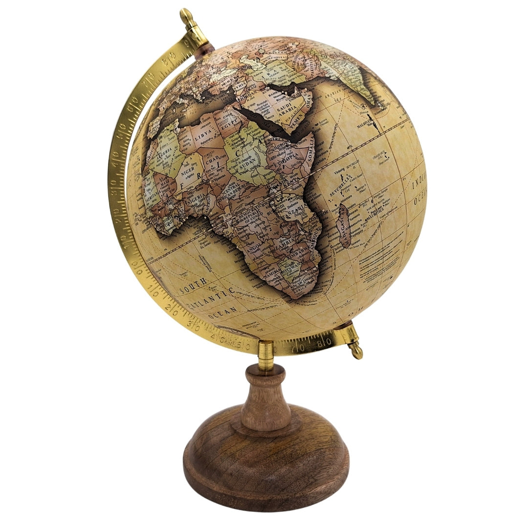 Globo decorativo retro estiloso em base de madeira 32 cm com possibilidade de personalização por gravação