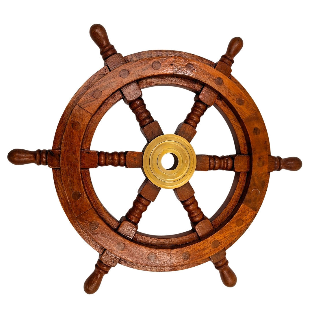 Roda de Leme de Madeira com Inserto de Latão e Espaço para Cunha - Diâmetro 30 cm - Presente Ideal com Possibilidade de Personalização com Gravação - Estilo Náutico e Retro