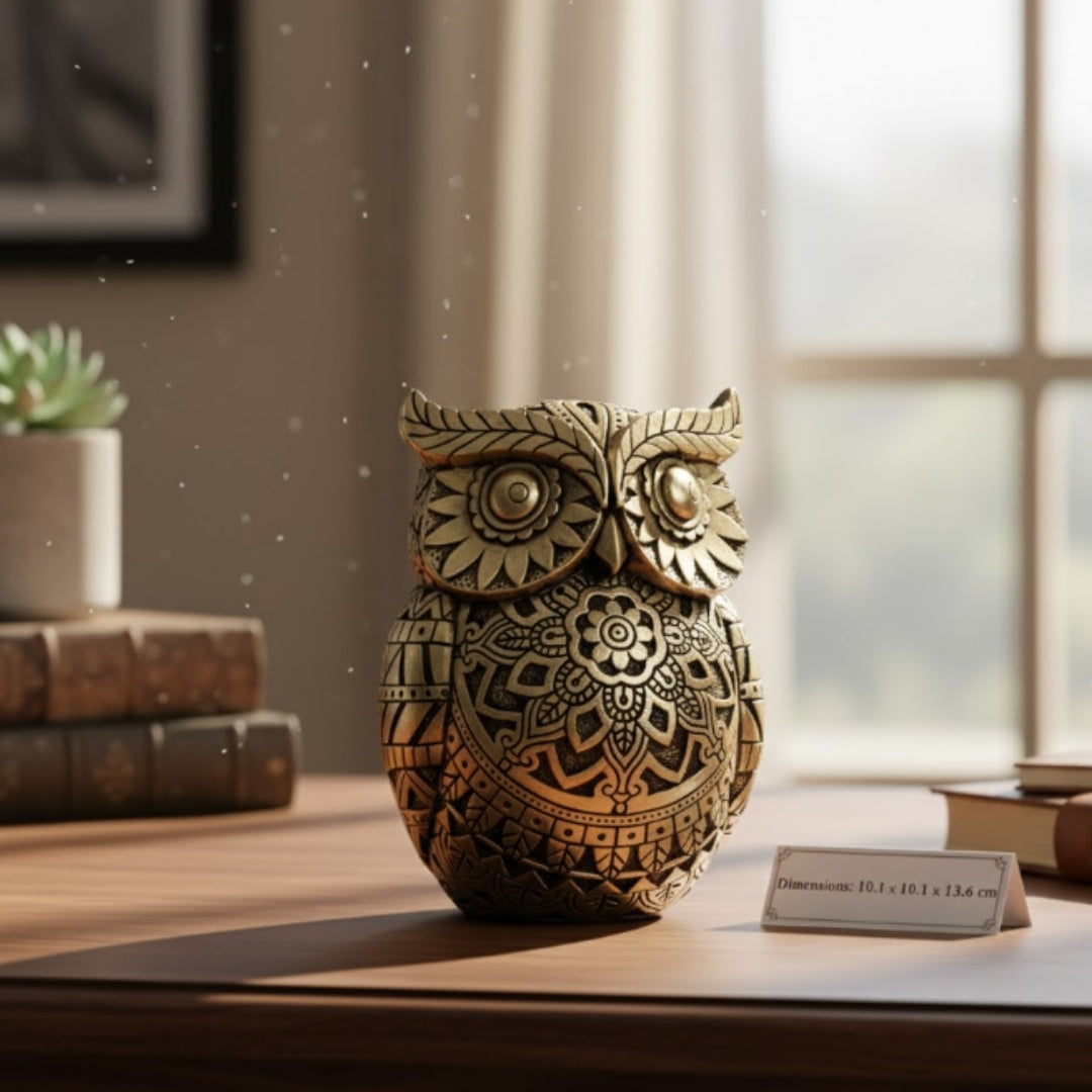 Coruja da sabedoria com possibilidade de personalização por gravação, decoração em dourado e preto, altura 13,6 cm, presente ideal para qualquer ocasião