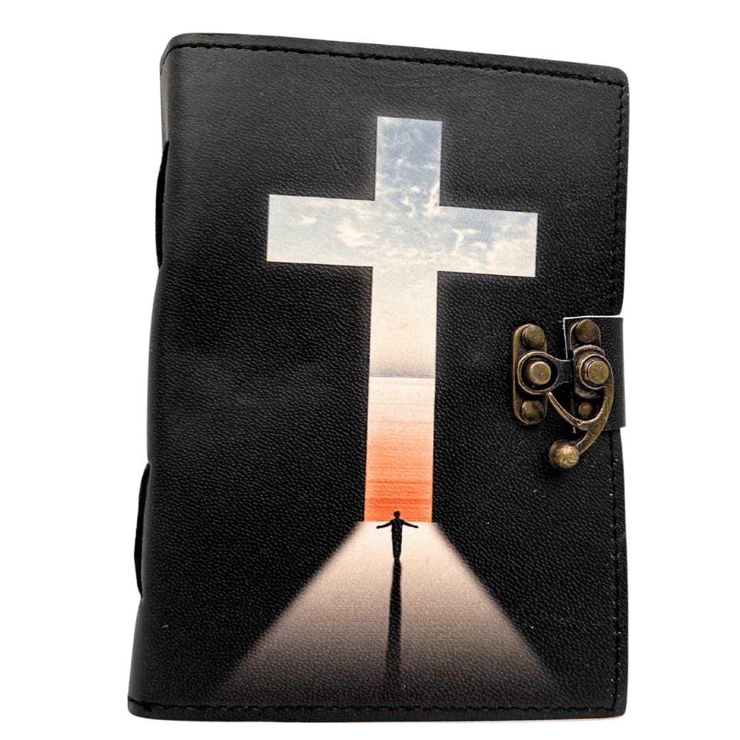 Caderno de Couro Cruz Religiosa Livro de Orações com Gravação