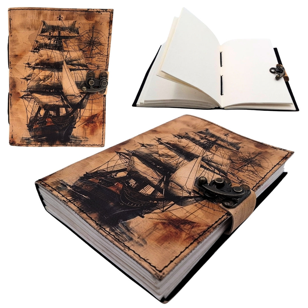 Caderno de pele marinheiro veleiro retro com gravação