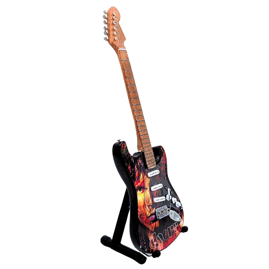 Mini Guitarra Jim Morrison The Doors - Madeira de Mogno - Gravação Personalizada - Presente Ideal para Fãs de Música - Altura 27,5 cm - Peça de Coleção Decorativa