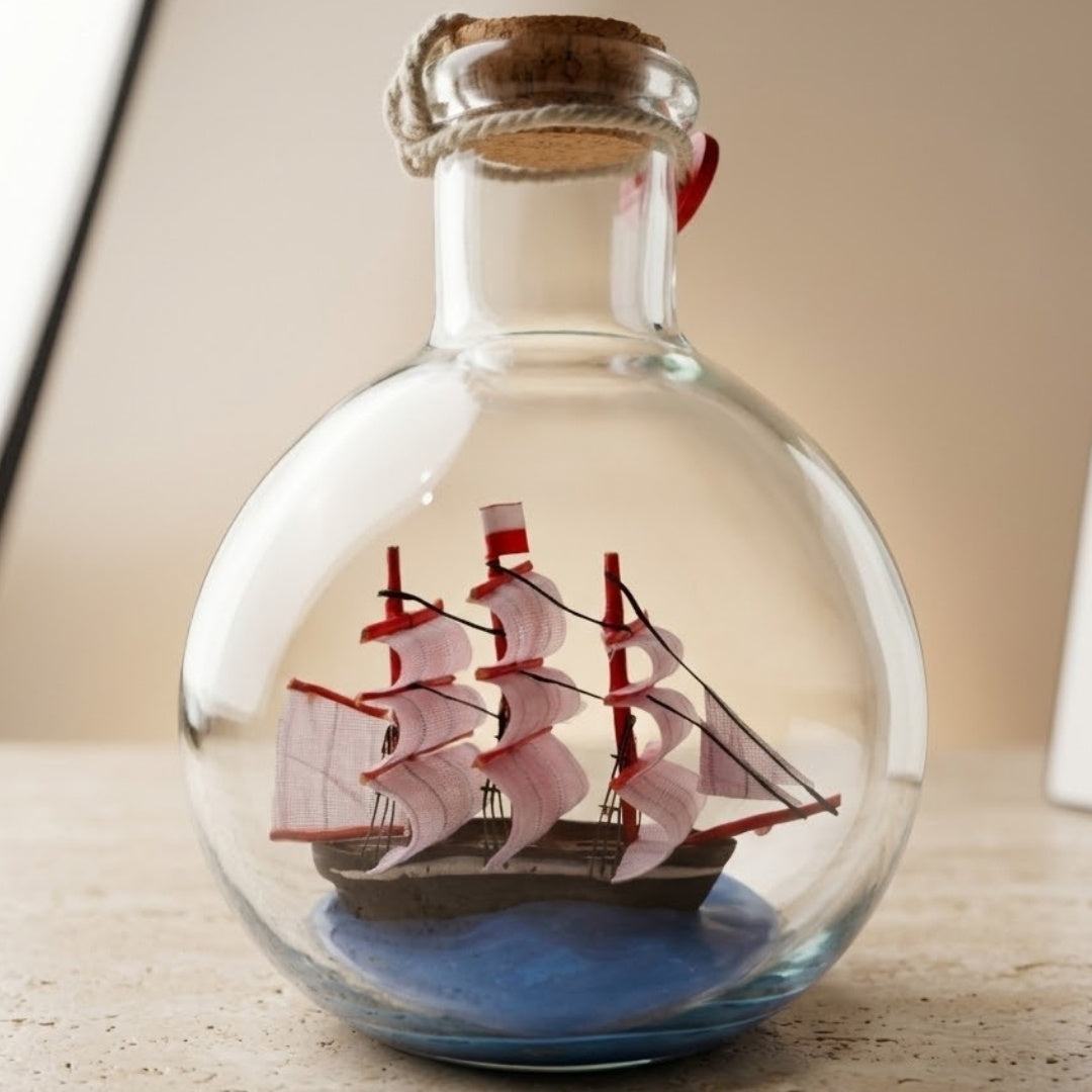 Barco na Garrafa Rafandynka com possibilidade de personalização por gravação – decoração marítima clássica de 8,5 cm, presente para amantes da vela