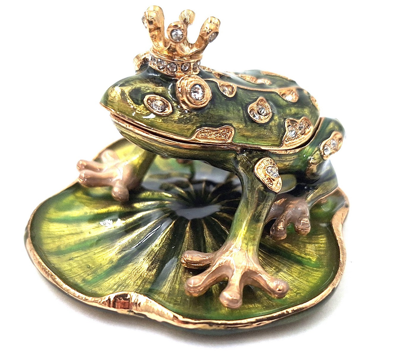 Caixa de presente exclusiva em metal em forma de rã com cristais, verde escuro e dourado, possibilidade de personalização por gravação, ideal para presente, dimensões 6,5x6,7x4,5 cm