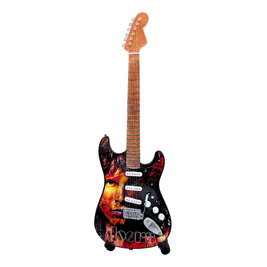 Mini Guitarra Jim Morrison The Doors - Madeira de Mogno - Gravação Personalizada - Presente Ideal para Fãs de Música - Altura 27,5 cm - Peça de Coleção Decorativa
