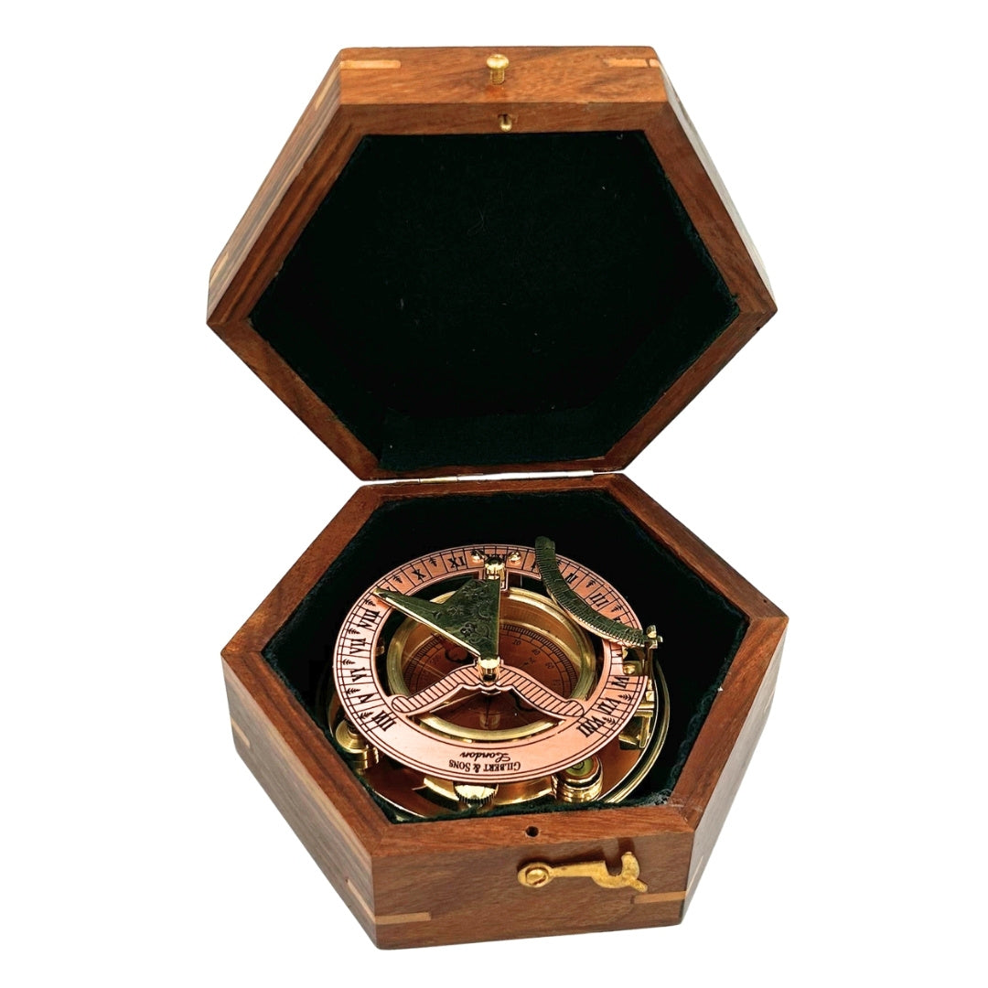 Bússola de latão com relógio de sol em elegante caixa de madeira - presente ideal com possibilidade de personalização por gravação - estilo retro, fabrico clássico, alta qualidade