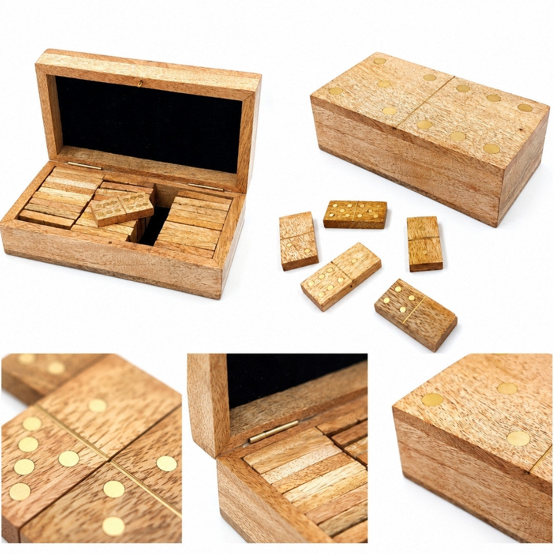 Dominó de Madeira de Manga em Caixa com Gravação - Presente Personalizado para Adultos, 28 Peças, Decorações de Latão, Dimensões da Caixa 15 x 8 x 4,5 cm