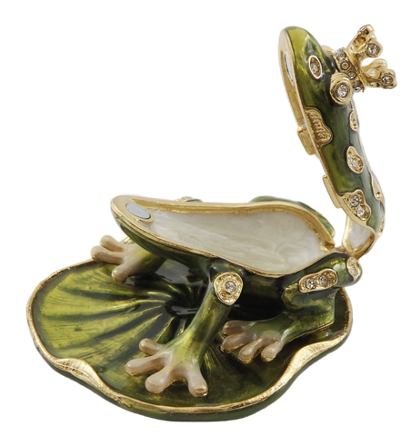 Caixa de presente exclusiva em metal em forma de rã com cristais, verde escuro e dourado, possibilidade de personalização por gravação, ideal para presente, dimensões 6,5x6,7x4,5 cm