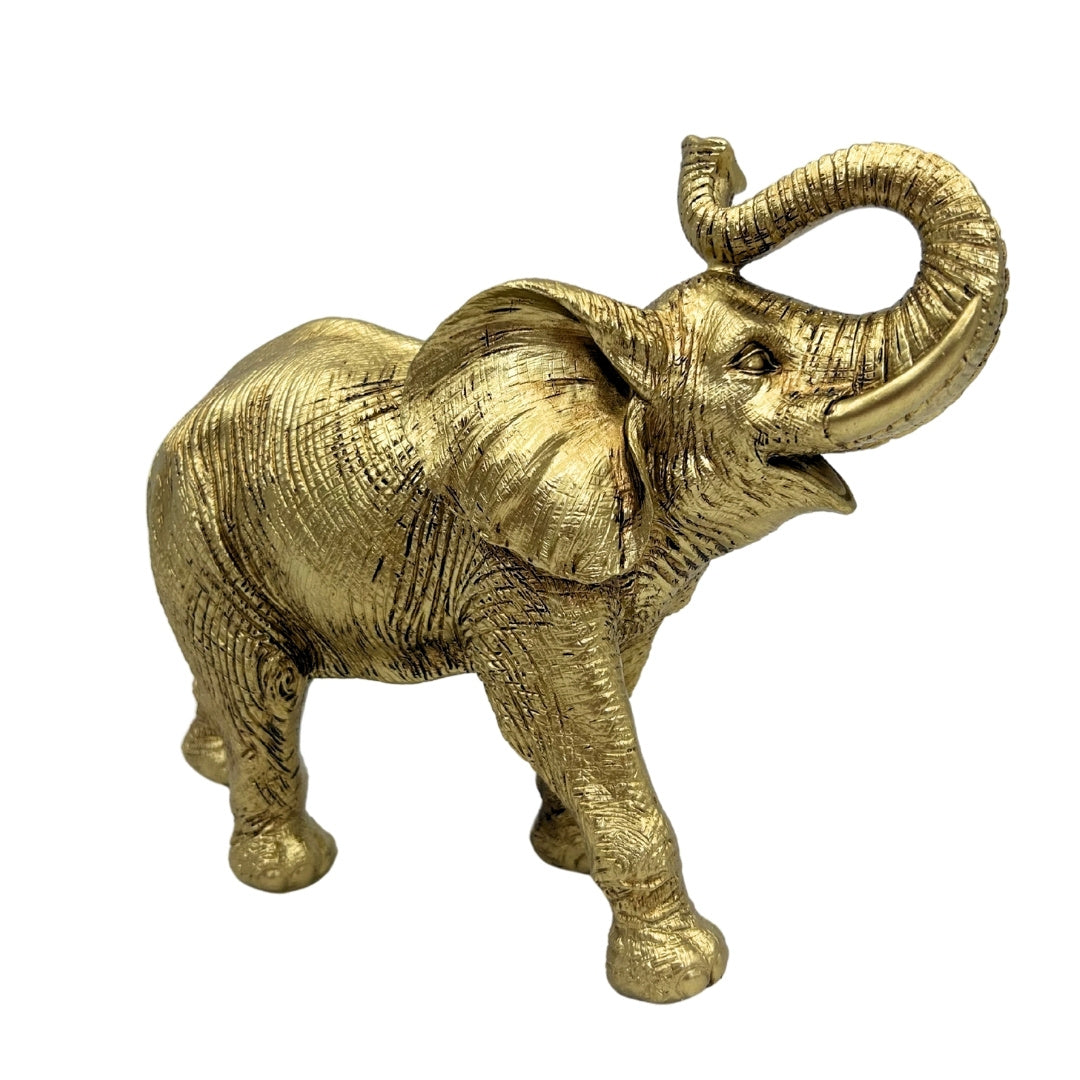 Elefante Dourado com Tromba Erguida - Estatueta decorativa elegante com possibilidade de gravação personalizada, ideal para presente - Altura 20,5 cm, material poliéster