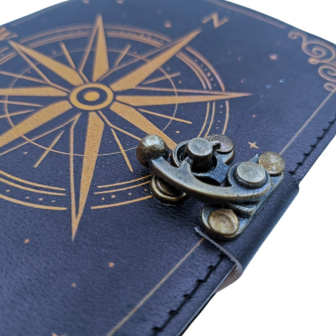 Caderno de pele Rosa dos Ventos retro preto e dourado com gravação personalizada