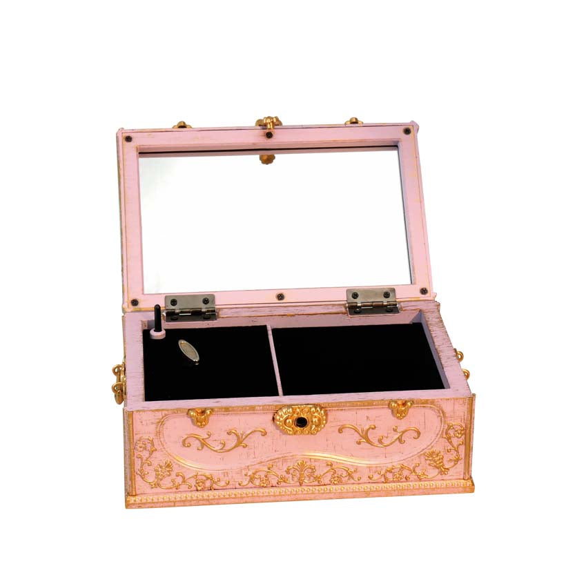 Caixa de joias com caixa de música cor-de-rosa com adornos dourados, possibilidade de personalização por gravação, ideal para presente, dimensões 18x11,8x11,8 cm