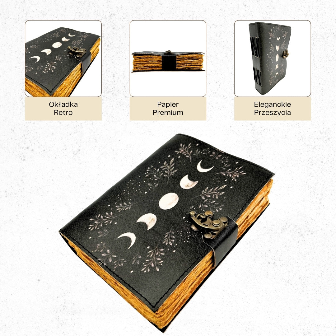 Caderno de Couro Retro com Fases da Lua com Gravação