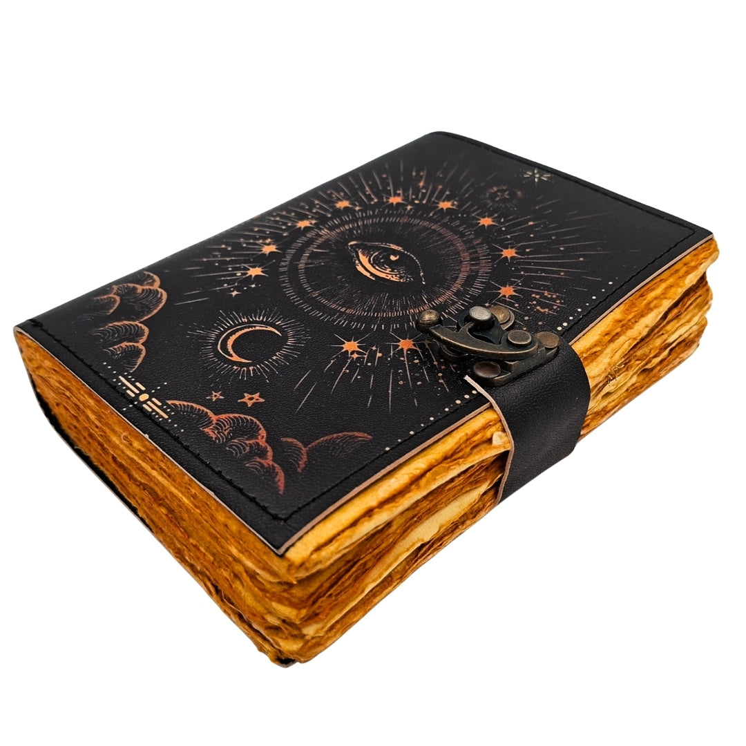Caderno Olho Cósmico com Gravação - Caderno de Couro Retro com 200 Páginas de Papel Amarelo de Couro de Cabra