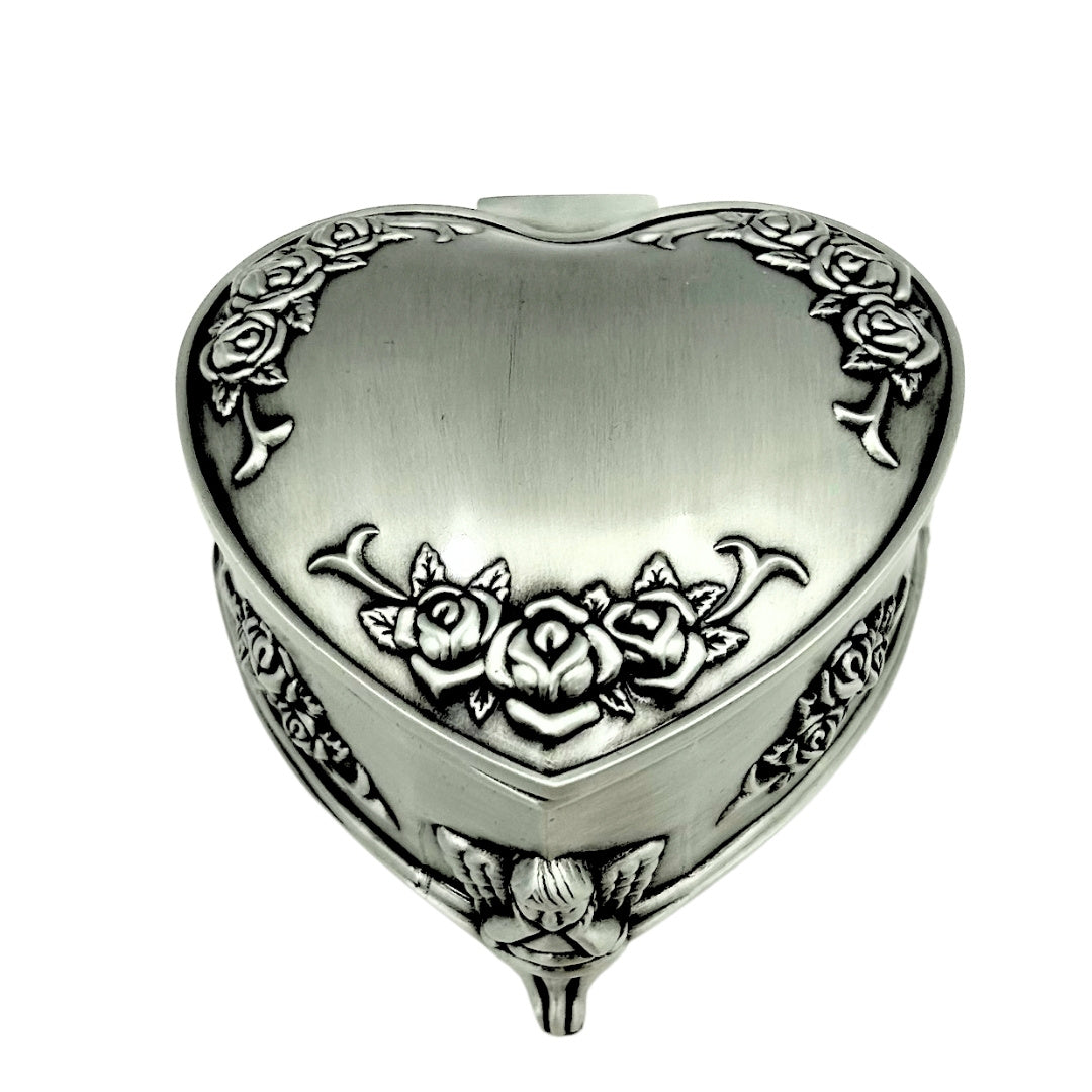 Caixa metálica em forma de coração com possibilidade de personalização por gravação – presente elegante para Dia dos Namorados, aniversário ou aniversário, decorada com motivo de rosa, dimensões 8,7 x 8,4 x 5,1 cm