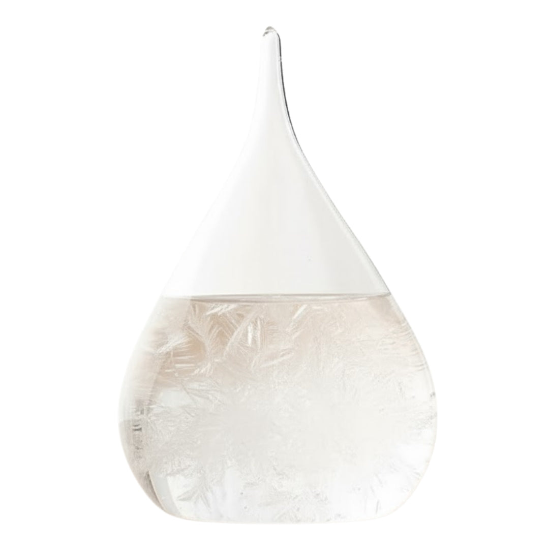 Barómetro de Tempestade Fitzroya - Gota Storm Glass com possibilidade de personalização por gravação - presente elegante em forma de gota, altura 11 cm, recipiente de vidro com cristais únicos que reagem às mudanças do tempo