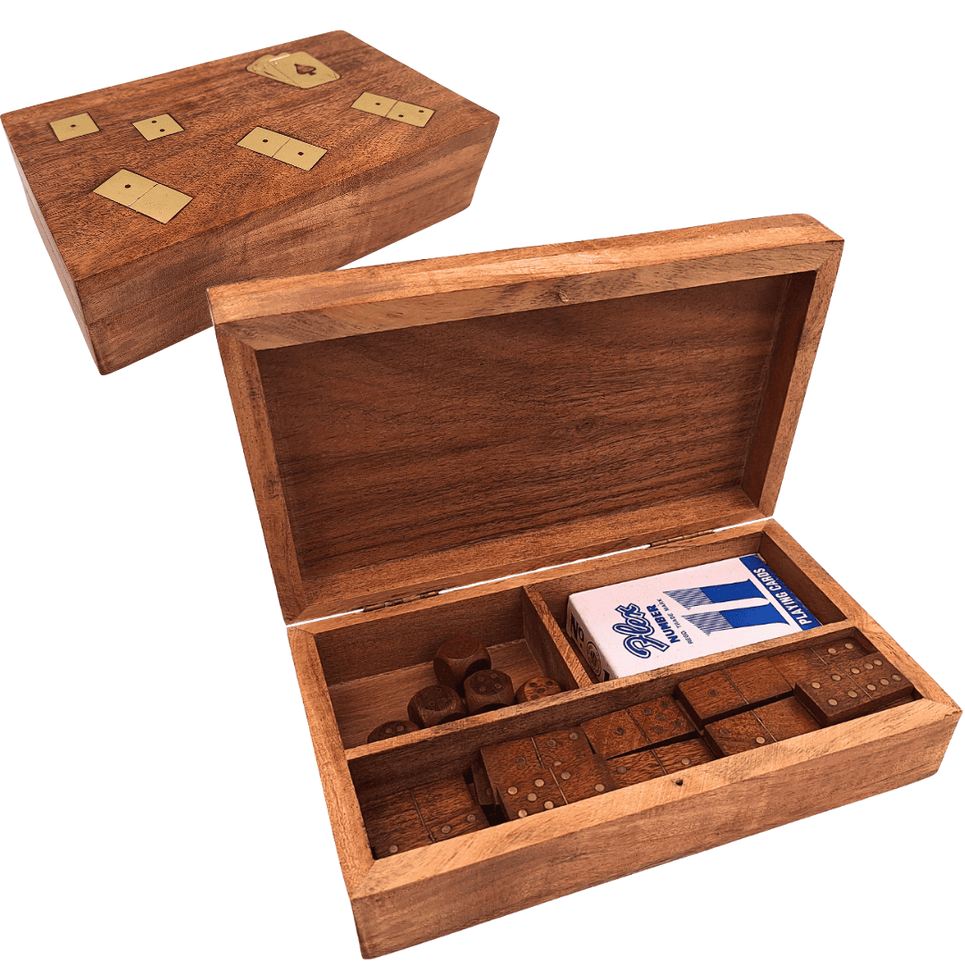 Conjunto de Jogos 3 em 1 em Caixa de Madeira Elegante com Possibilidade de Personalização por Gravação - Cartas, Dominó, Dados - Presente Ideal para Amantes de Jogos Sociais - Dimensões: 22,5 x 13 x 6 cm, Acácia com Decorações em Latão