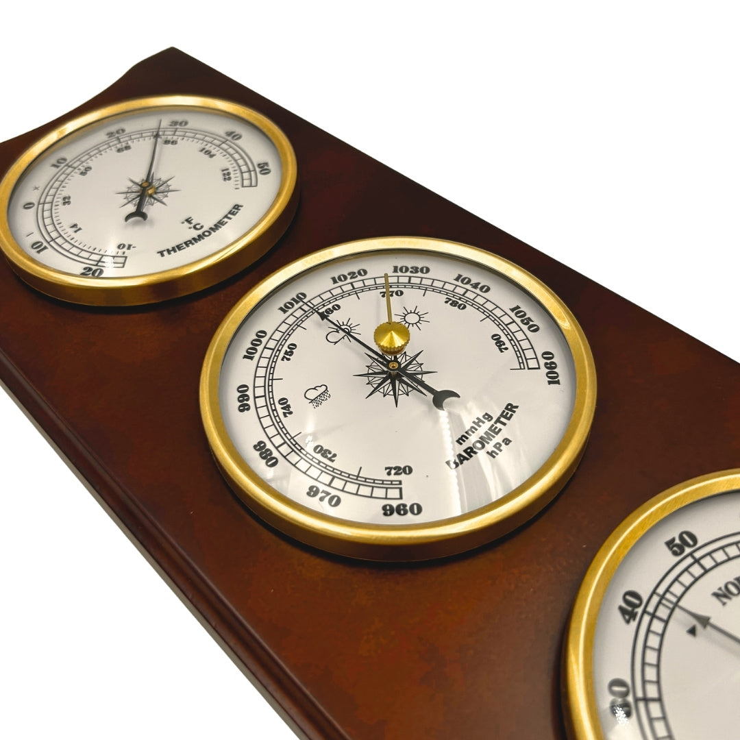 Estação Meteorológica Retro Elegante 36cm com Gravação – Barómetro, Termómetro, Higrómetro em Caixa de Madeira