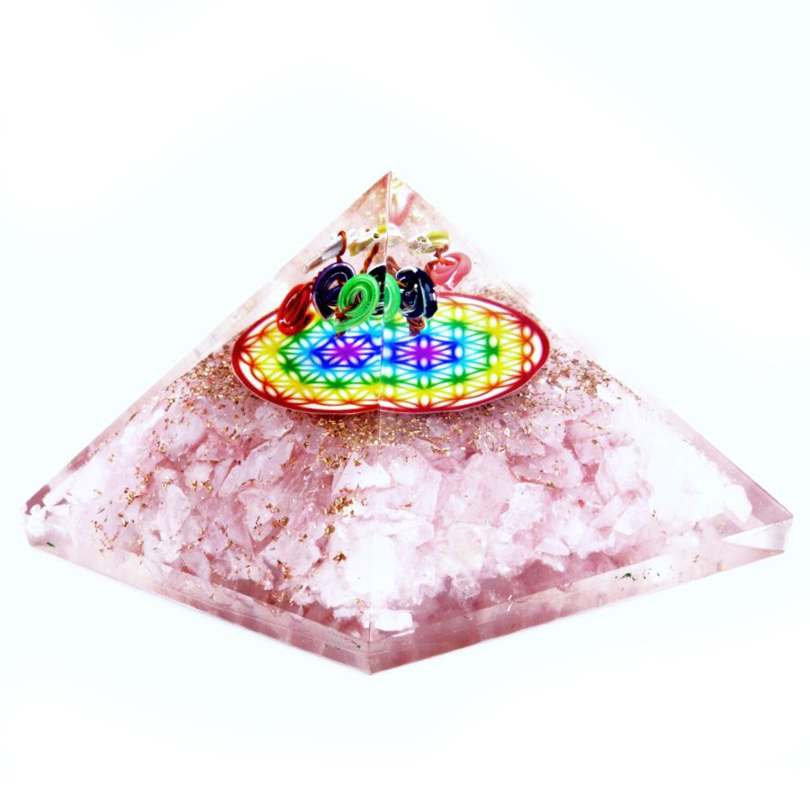Pirâmide Orgonite de Quartzo Rosa com Padrão Arco-íris da Flor da Vida