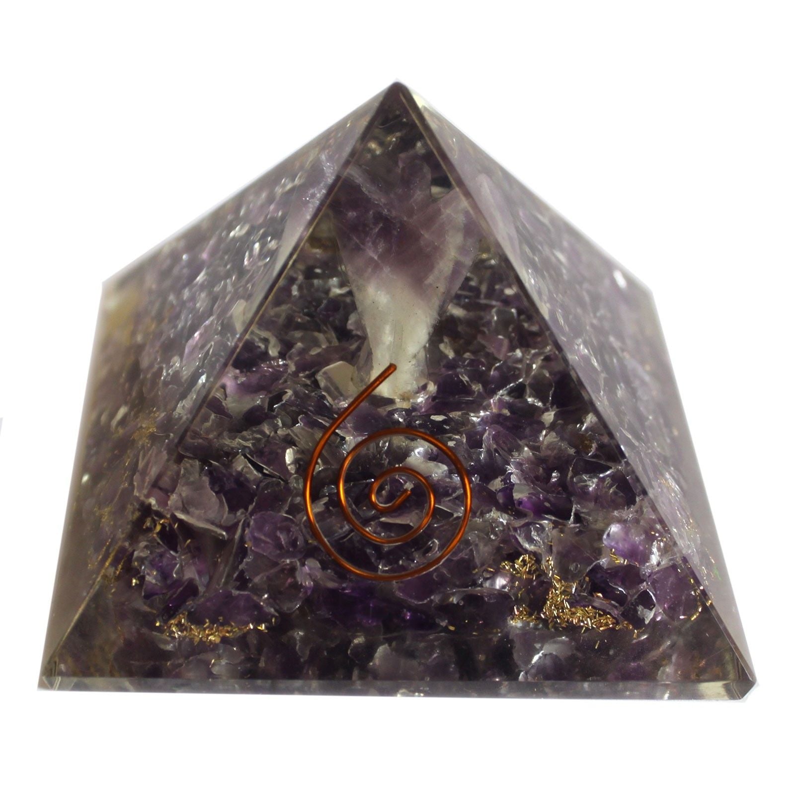 Pirâmide Mágica Orgonite 70 mm - Anjo com Objetos Esotéricos, Interior Esverdeado e Acabamento Manual