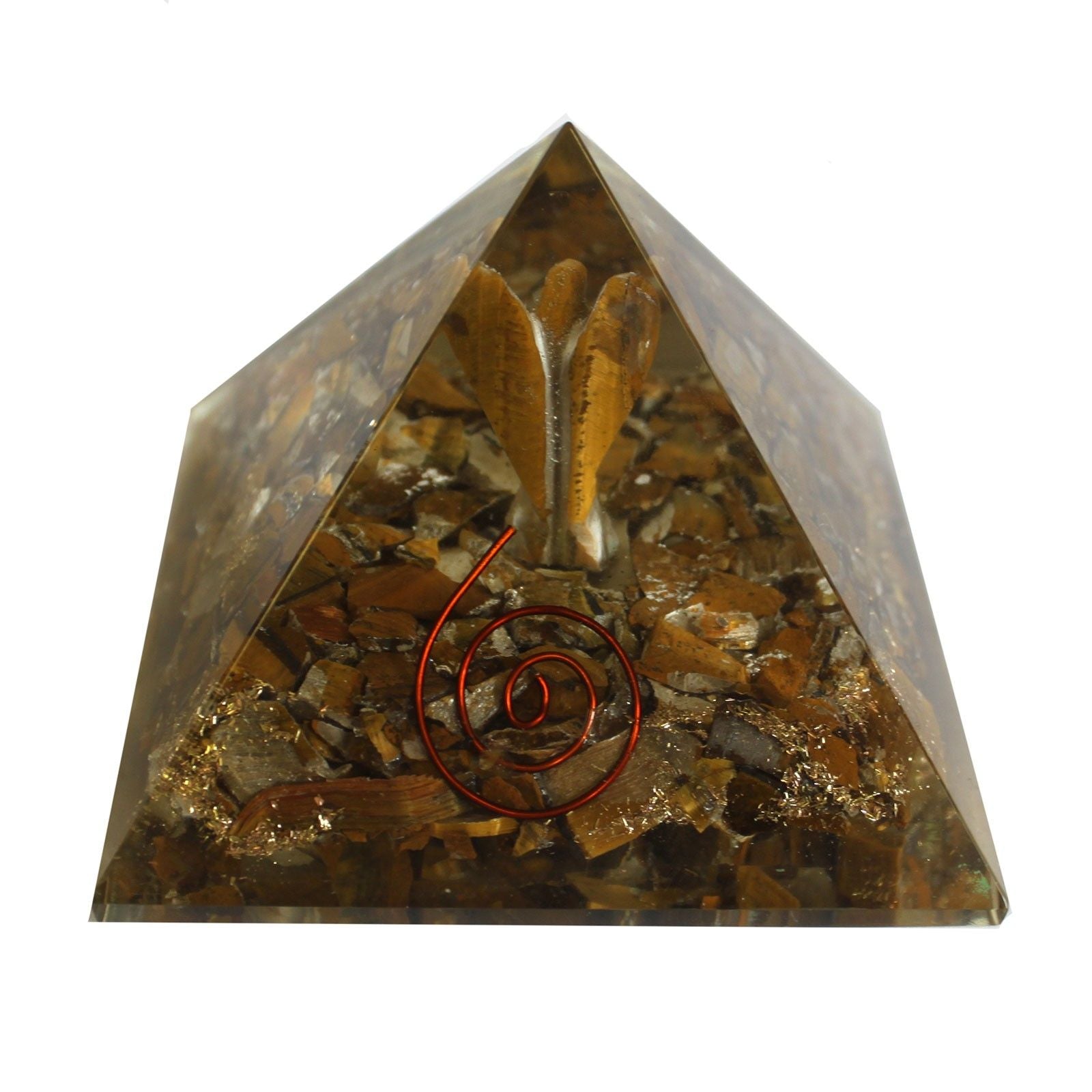 Pirâmide Mágica Orgonite 70 mm - Anjo com Objetos Esotéricos, Interior Esverdeado e Acabamento Manual